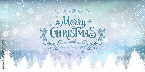 Christmas and New Year Typographical on snowy Xmas background with winter landscape with snowflakes, light, stars. Merry Christmas card. Vector Illustration