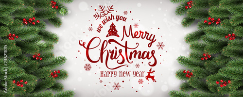 Merry Christmas and New Year Typographical on white background with fir branches, berries, lights, snowflakes. Xmas theme. Vector Illustration