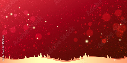 Red winter Christmas background with gold landscape, snowflakes, light, stars. Xmas and New Year card. Vector Illustration