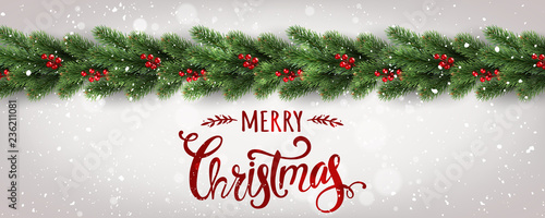 Merry Christmas Typographical on white background with tree branches decorated with berries, lights, snowflakes. Xmas theme. Vector Illustration