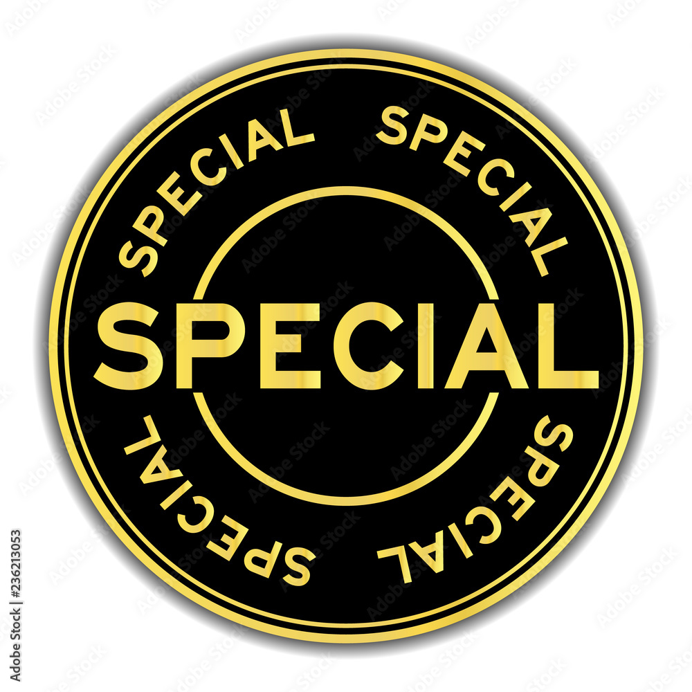 Black and gold color round sticker in word special on white background