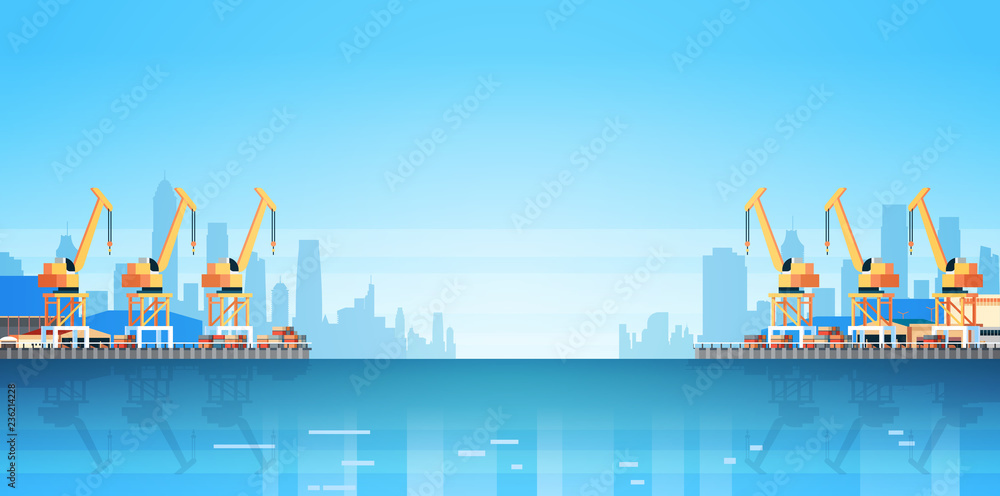 Obraz premium Industrial sea port cargo logistics container import export crane water delivery transportation concept shipping dock flat horizontal vector illustration