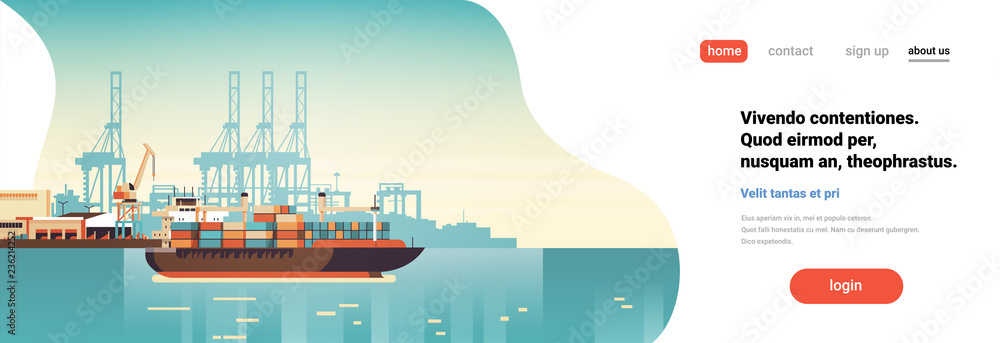 Fototapeta premium Industrial sea port cargo logistics container import export freight ship crane water delivery transportation concept shipping dock flat horizontal banner copy space vector illustration