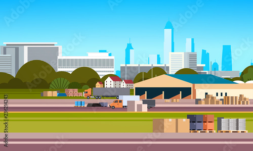 Global logistics network terminal delivery stock truck loading warehouse international shipping concept cityscape background flat horizontal vector illustration