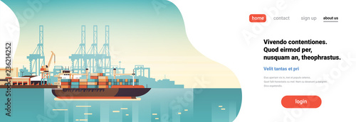 Industrial sea port cargo logistics container import export freight ship crane water delivery transportation concept shipping dock flat horizontal banner copy space vector illustration