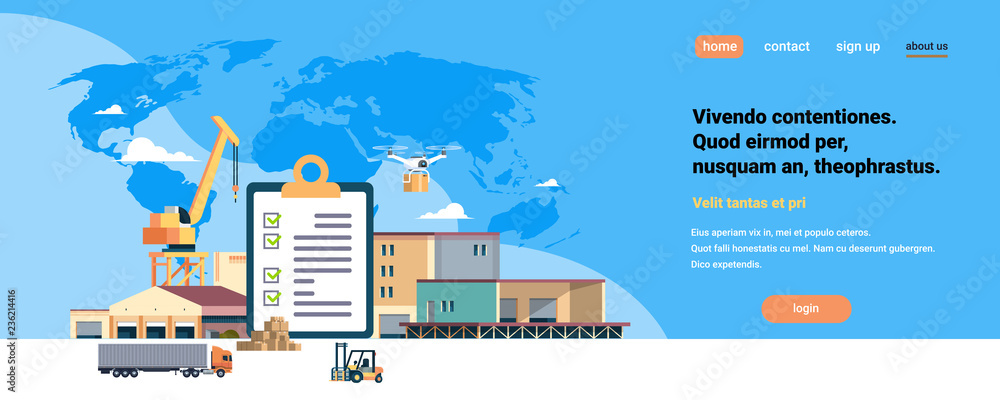 completed checklist clipboard crane semi trailer warehouse forklift machinery blue world map background international delivery industrial concept flat horizontal copy space