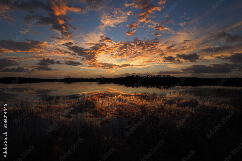 Obraz premium Colorful sunrise reflected in the perfectly calm water of Nine Mile Pond in Everglades National Park, Florida.