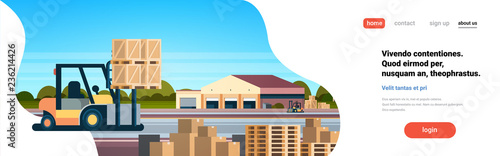 Forklift unloading loading parcel box outdoor warehouse international delivery concept flat horizontal copy space vector illustration