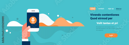 hand hold phone app intelligent voice personal assistant recognition sound waves background technology concept artificial intelligence horizontal copy space flat
