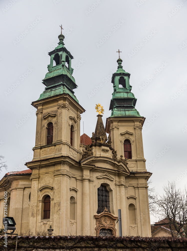 Ancient Church with green domes, Prague, Czech Republic