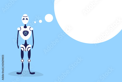 modern robot chat bubble bot helper artificial intelligence concept cartoon character blue background full length flat horizontal