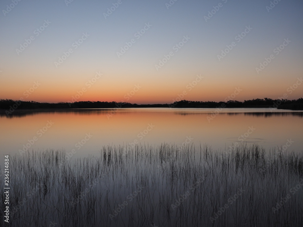 Sunrise on a perfectly calm Nine Mile Pond in Everglades National Park, Florida.