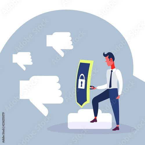 businessman holding shield padlock icon thumb down negative reaction in social networks protection man cartoon character flat full length