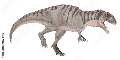 エオカルカリア　北アフリカの地層から発見された　白亜紀後期のカルカロドントサウルス科の大型の肉食恐竜。エオカルカリア・ディノプスという学名は「恐ろしい目の夜明けのワニ」。サメのような鋭い歯はカルカロドントサウルス科の恐竜の特徴であり、腐肉食性ではなく、積極的な捕食者であったと推測されている。イラストは明るい体色ながら不気味さも併せ持つようなイメージで仕上げた。 © Mineo