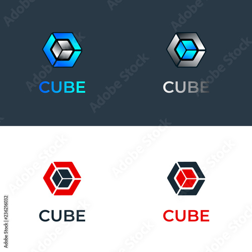 Vector colourful blue gradient and metal  glass cubes logo template set. Ice and silver cube brand icon design, abstract company symbol in gradient blue and red version