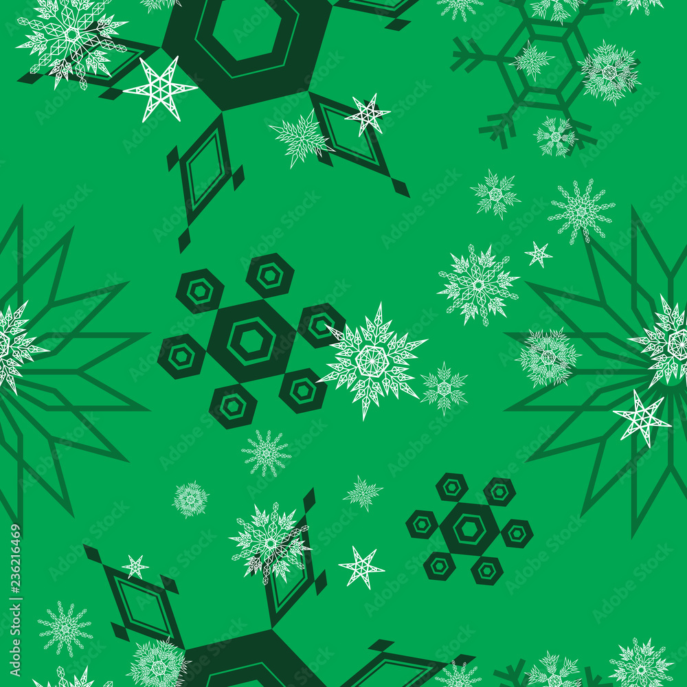 Seamless pattern created by snowflakes objects set in green background Seamless pattern created by snowflakes objects set in green background