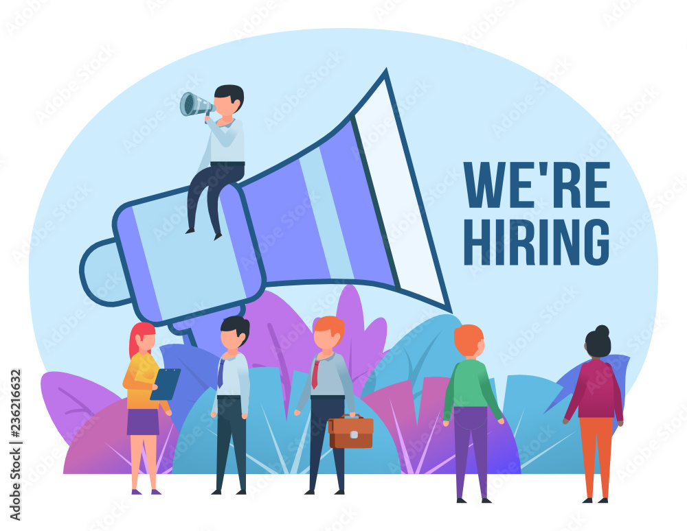Small people stand near big loudspeaker. We're hiring, job recruitment concept, vacancy. Poster, card for presentation, web page, banner, social media. Flat design vector illustration