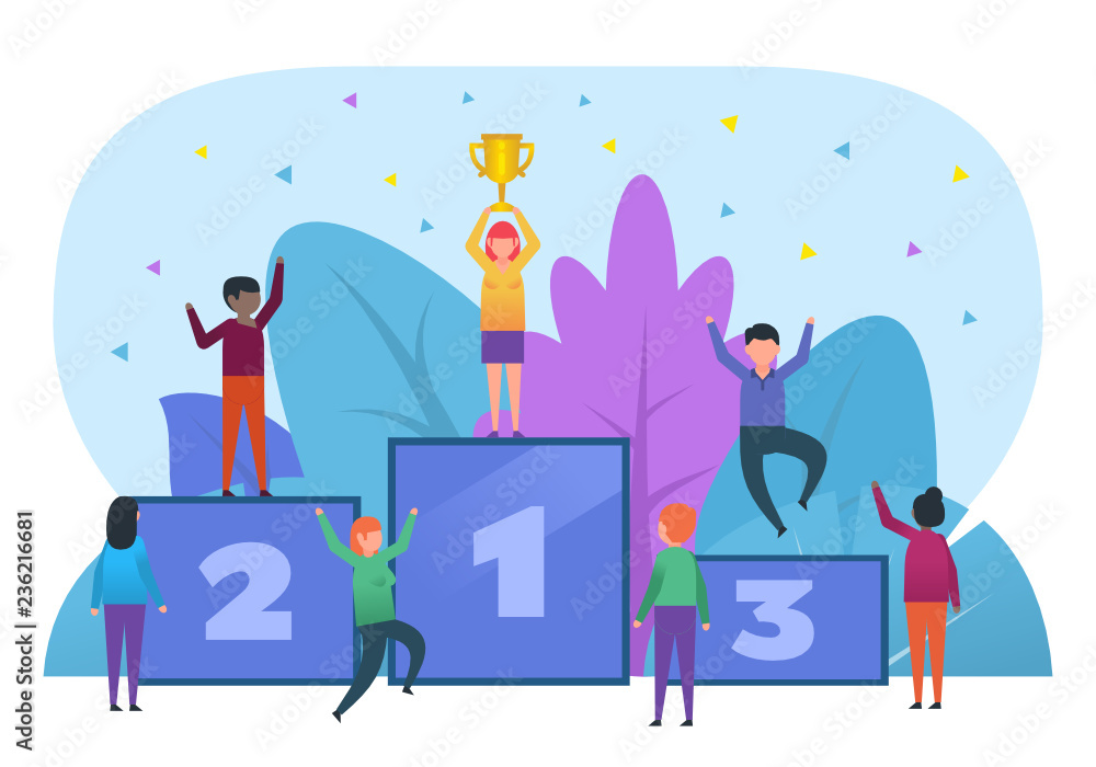 People stand on pedestal, victory celebration, sport or business awards ceremony. Poster for presentation, web page, banner, social media. Flat design vector illustration People stand on pedestal, victory celebration, sport or business awards ceremony. Poster for presentation, web page, banner, social media. Flat design vector illustration