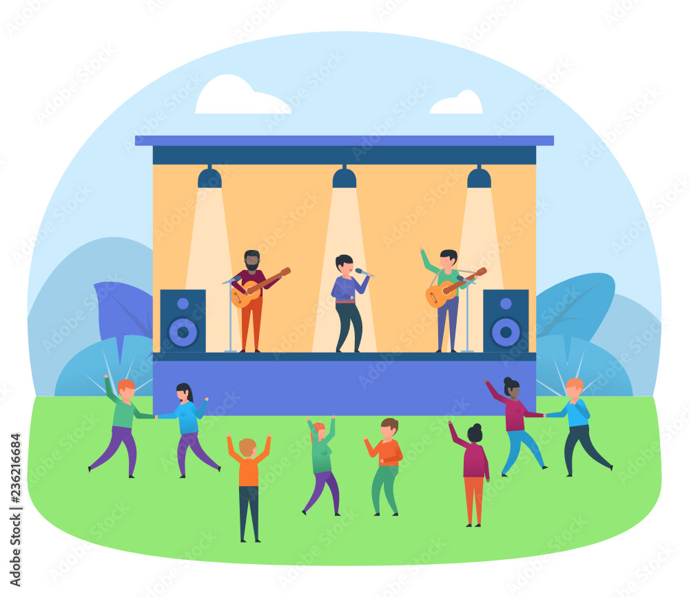 Naklejka premium Music group playing on scene, people dancing. Music festival, concert. Poster for presentation, web page, banner, social media. Flat design vector illustration