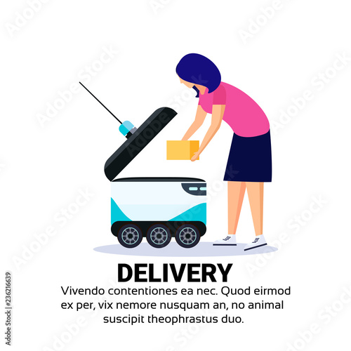 woman loading box robot self drive fast delivery goods in city car robotic carry concept isolated copy space flat