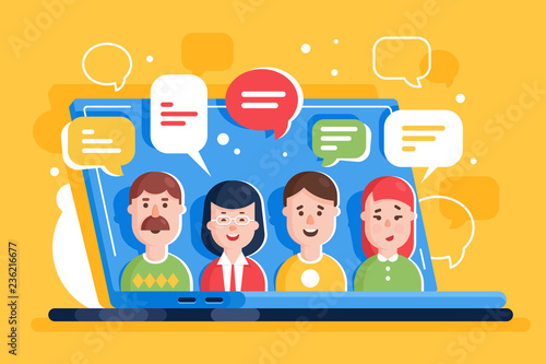 People discuss and comment in online social networks, internet on laptop.