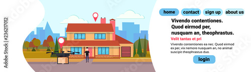 Drone flying geo tag delivery air package shipment destination navigation carry quadrocopter house yard exterior horizontal banner flat copy space