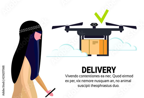 arabic woman operator drone flying geo tag delivery air package mobile application shipment carry quadcopter navigation isolated horizontal flat copy space