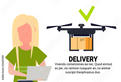 blonde woman operator drone flying geo tag delivery air package mobile application shipment carry quadcopter navigation isolated horizontal flat copy space