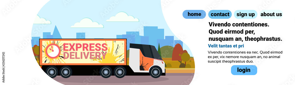 cargo semi truck delivery transport international transportation shipping industrial highway concept cityscape landscape background flat horizontal banner copy space