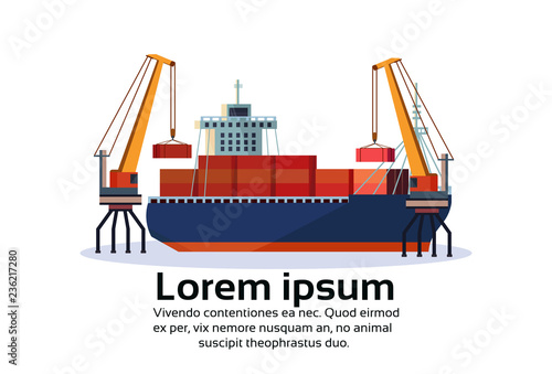 Industrial sea port freight ship cargo crane logistics container loading water delivery transportation concept international shipping flat horizontal isolated copy space