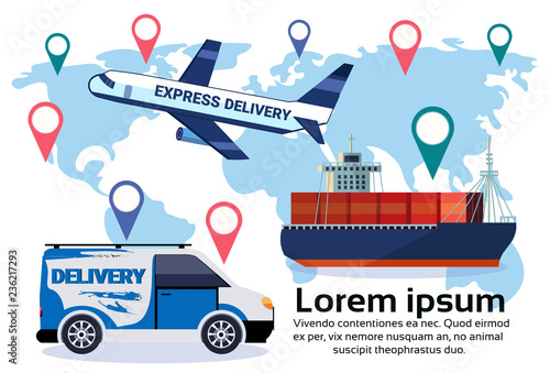 Logistics geo tag set of different delivery air cargo trucking maritime shipping minivan transportation location distribution vehicles international transportation concept flat horizontal copy space