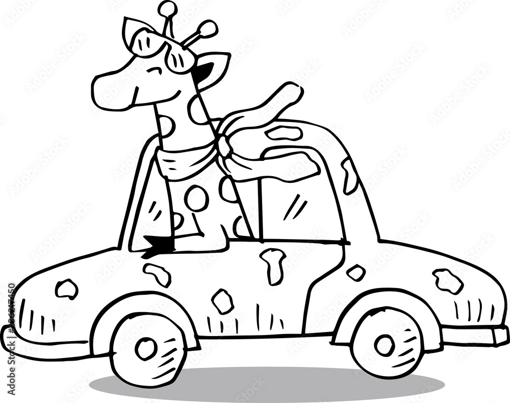 Funny cartoon giraffe on car. White background. Funny cartoon giraffe on car. White background.