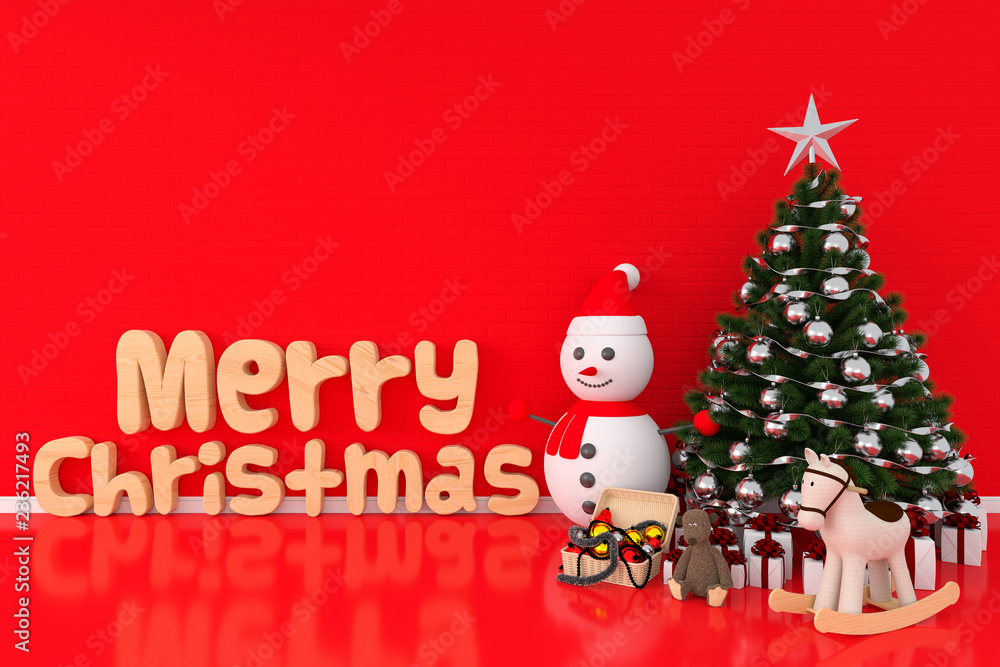 Christmas tree and snowman in red room for mockup, 3D rendering Christmas tree and snowman in red room for mockup, 3D rendering