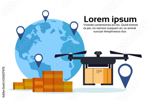 Drone flying delivery air package world map geo tag location international shipment carry quadrocopter isolated flat copy space