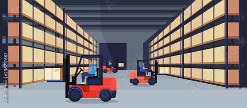 forklift loader working warehouse interior parcel box on rack logistic delivery cargo service concept rows shelves goods storage horizontal flat