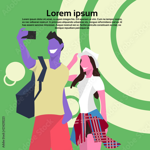 casual couple making selfie on rest man woman taking photos smartphone cartoon character vacation concept flat copy space