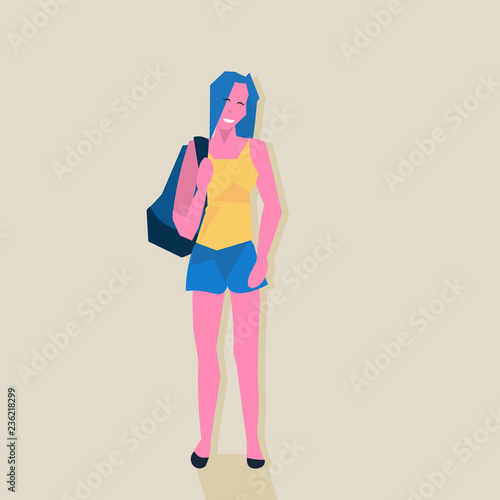 woman holding backpack standing pose female cartoon character full length flat