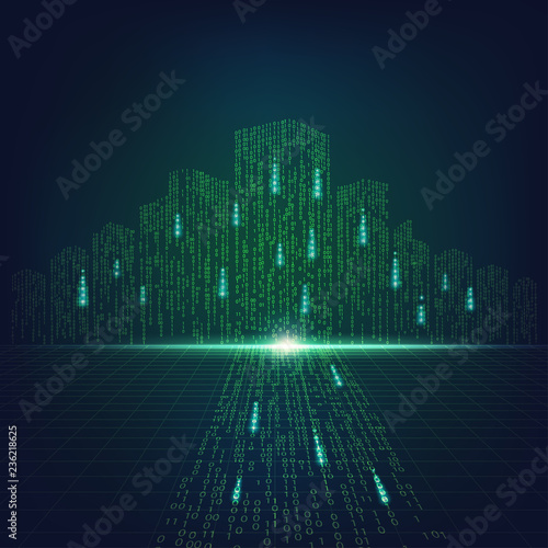 concept of digital advancement technology, digital cityscape in matrix style; binary city of green light, 
