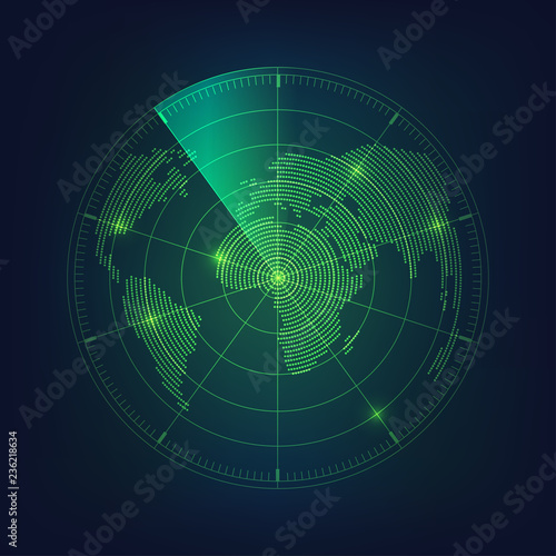 radar screen and world map in digital theme
