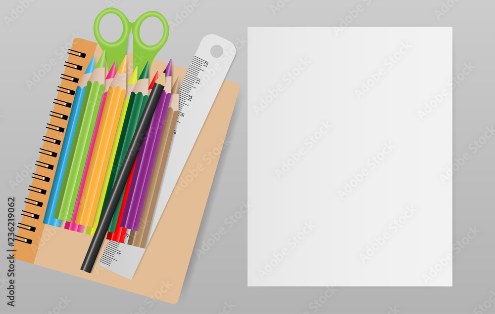 Blank note paper with school supplies on gray background. Vector illustration Blank note paper with school supplies on gray background. Vector illustration