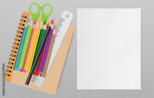 Blank note paper with school supplies on gray background. Vector illustration