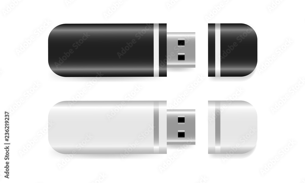 Black and white USB Flash Drive isolated on white background. Vector illustration Black and white USB Flash Drive isolated on white background. Vector illustration