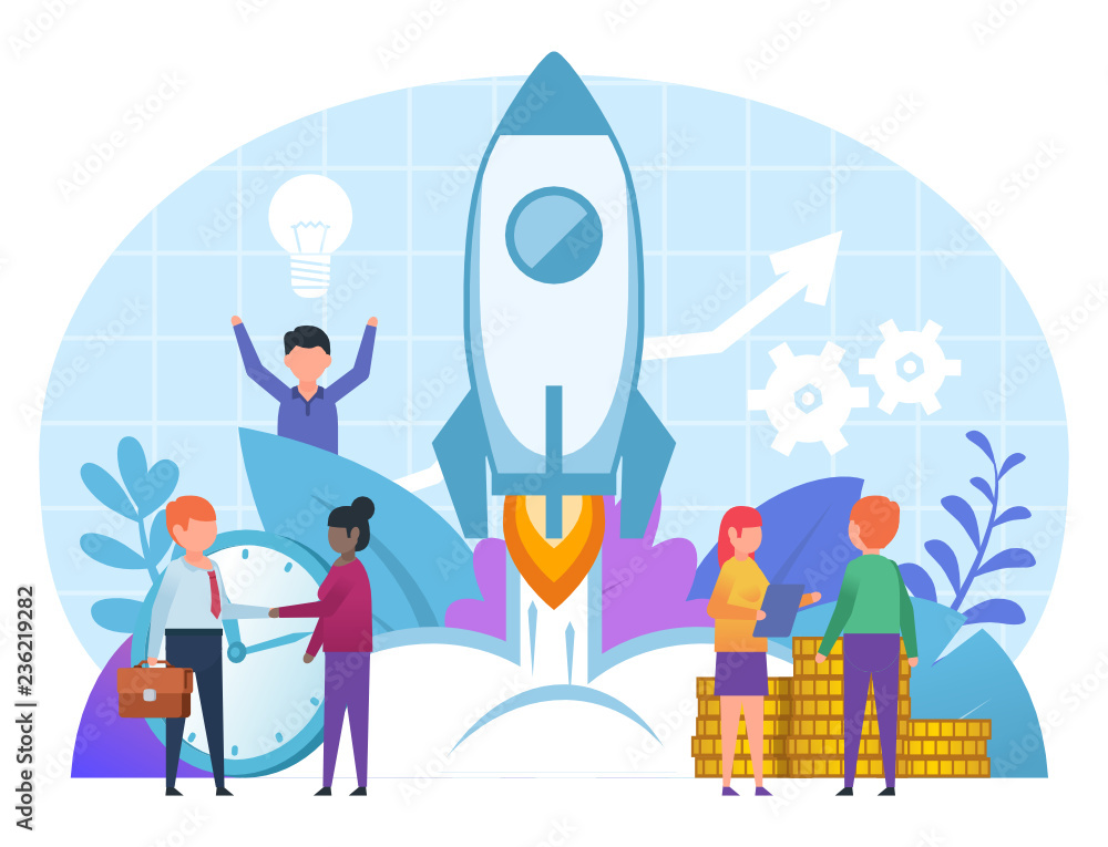 Startup, new business start concept. Small people stand near rocket launch. Poster for web page, banner, social media, presentation. Flat design vector illustration Startup, new business start concept. Small people stand near rocket launch. Poster for web page, banner, social media, presentation. Flat design vector illustration