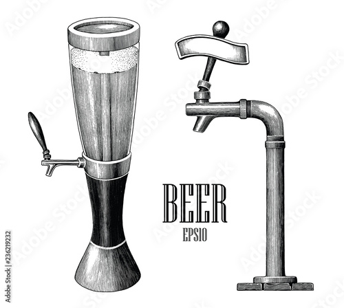 Beer tower and beer dispenser vintage hand draw engraving style isolated on white background