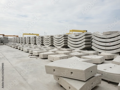 Precast concrete plant with blue sky in the construction site, in storage yard area at Thailand, Space for text in template.