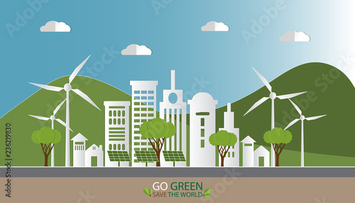 Paper art of landscape with Eco green city and nature, Environmentally friendly world.  Vector illustration