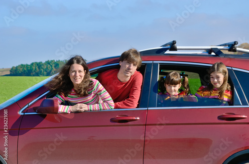 Family car travel on vacation, happy parents and kids have fun in holiday trip, insurance concept 