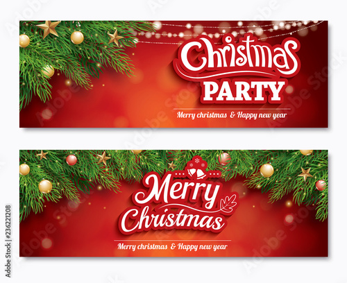 Merry christmas invitation party poster banner and greeting card design template on red background. Happy holiday and new year with gift box theme concept.