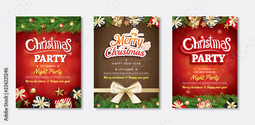 Merry christmas greeting card and party invitations on red background. Vector illustration for happy new year flyer brochure design.