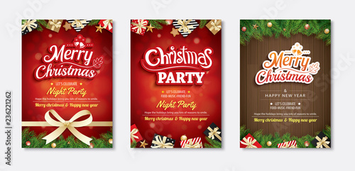 Merry christmas greeting card and party invitations on red background. Vector illustration for happy new year flyer brochure design.